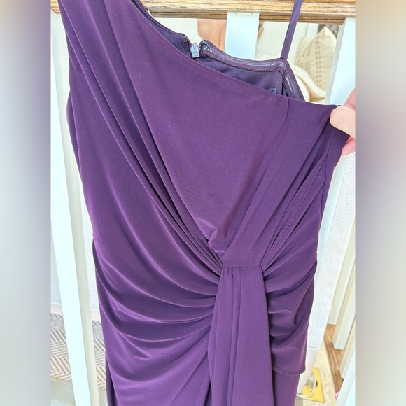 Adrianna Papell Purple One Shoulder Ruched Gown